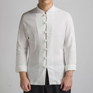 Chemises décontractées pour hommes 2023 Vêtements traditionnels chinois Plus Taille Chemise à manches longues Style ethnique Couleur unie Collier Harajuku Top