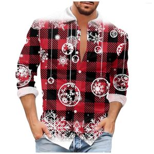 Chemises décontractées pour hommes 2023 Cadeau de Noël à manches longues Bonhomme de neige Imprimer Polo Col Chemise Robe de fête de vacances Plus Taille S-6XL