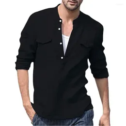 Chemises décontractées pour hommes 2023 coton lin à manches longues poche lâche slim fit blanc noir chemise hawaïenne hommes vêtements
