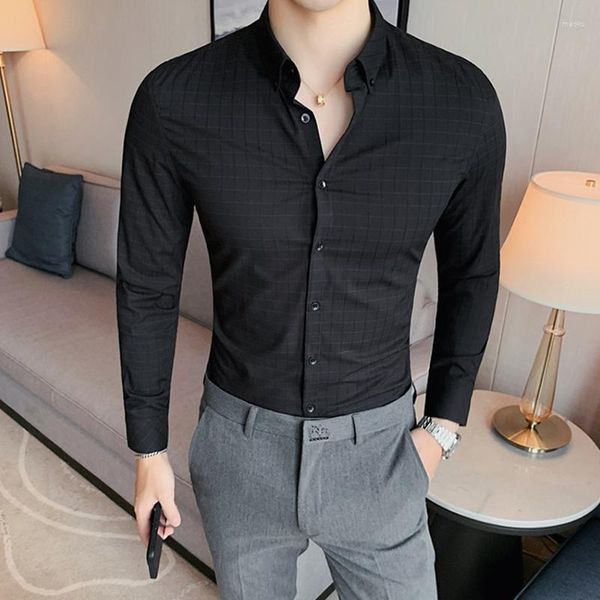 Camisas informales para hombre 2023, camisa elegante a cuadros, blusas formales de negocios de lujo ligeras de manga larga ajustadas a la moda británica con personalidad