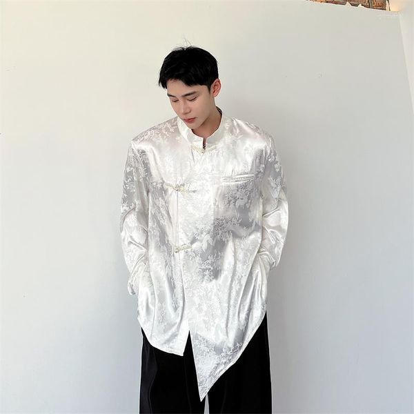 Camisas informales para hombre, moda 2023, diseño asimétrico, tela Jacquard, camisa de manga larga de seda, blusa japonesa Vintage con cuello levantado para hombre