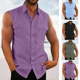 Camisas informales para hombre, camisetas sin mangas de lino y algodón a la moda 2023, chaleco sin mangas con botones de Color sólido para hombre, ropa de calle