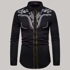 Casual shirts voor heren 2023 mode geborduurde trend shirt westernstijl zomer solid kleur revers reveal lange mouw met één borsten