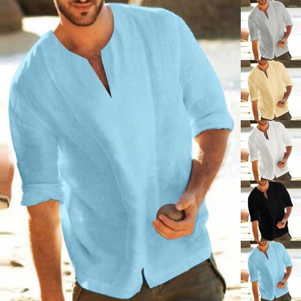 Camisas casuales para hombres 2023 Moda Lino Algodón Botón Manga larga Camisa suelta Slim Fit Masculino Color puro Blusa Tops # 3