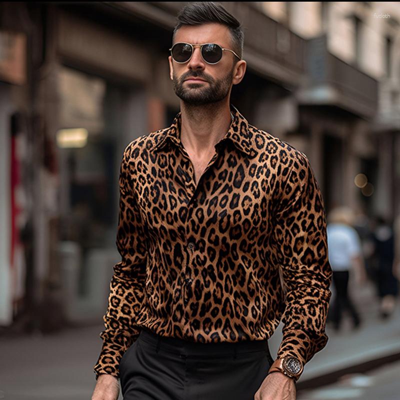 Мужские повседневные рубашки 2023 Модные клуб клуб леопардовый принцип рубашка высококачественная вечеринка с длинными рукавами Homme