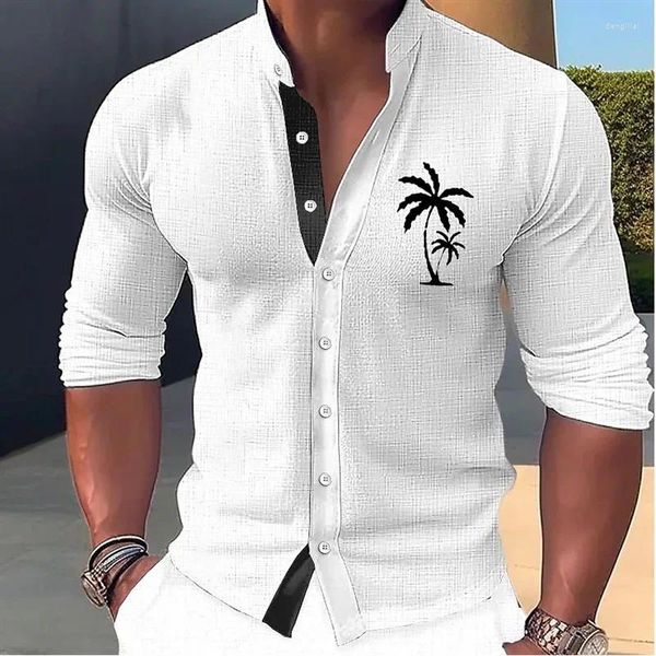 Chemises décontractées masculines 2023 Shirt Muscle Sports Shirt Hawaiian Coconut Tree Bird Design Simple Soft confortant bouton supérieur à manches longues