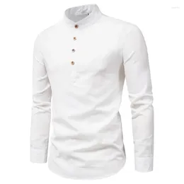 Camisas casuais masculinas 2023 comércio exterior camisa superior algodão linho manga longa cor sólida em pé pescoço