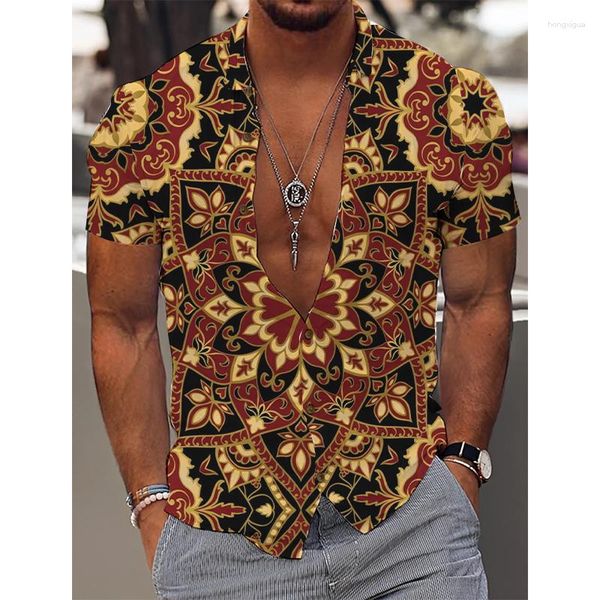 Camisas casuales para hombres 2023 Camisa tropical hawaiana Impresión 3D Verano Playa Vacaciones Fuera del hombro Cuello Retro Manga corta Top