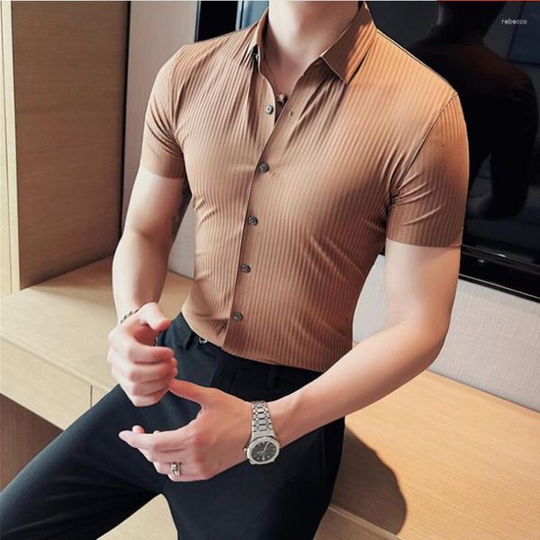 Chemises décontractées pour hommes 2023 haute qualité luxe à manches courtes hommes robe rayé Slim Fit sans couture collé affaires vêtements de cérémonie Blouse Homme S-4XL