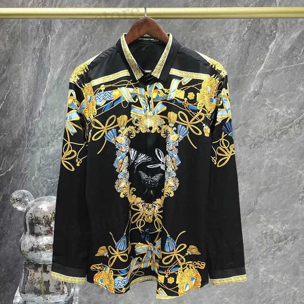 Chemises décontractées masculines 2023 Strtwear de haute qualité Men coréen Black Gold Baroque Imprimer de fleur de fleur Men Slim Fit Shirt Social Camisa Masculina T240408