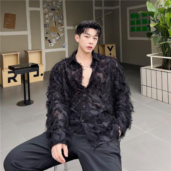 Chemises décontractées pour hommes 2023 mode coréenne plume gland conception à manches longues chemise hommes Harajuku transparent Sexy Blouse