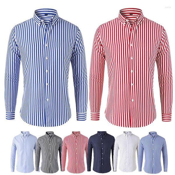 Chemises décontractées pour hommes 2023 à manches longues bleu blanc rayé chemise robe mode coupe standard boutonné chemisier