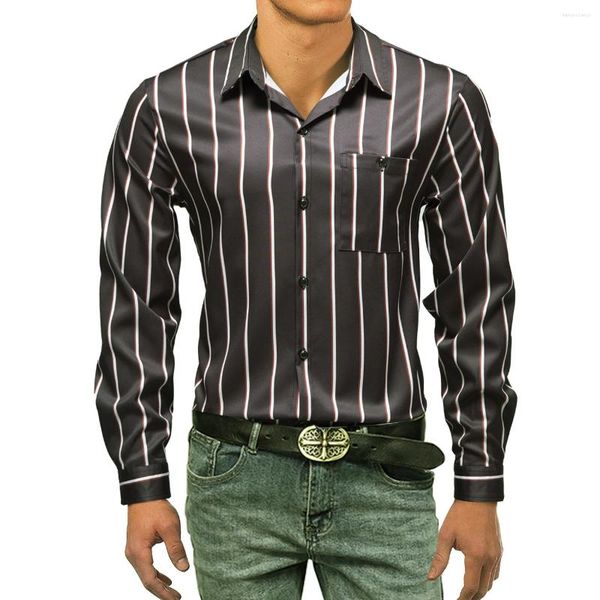 Chemises décontractées pour hommes 2023 Chemise d'affaires à manches longues Chemise à rayures noires Imprimé Revers Poitrine Poche Hommes Bouton Up Blouse Homme