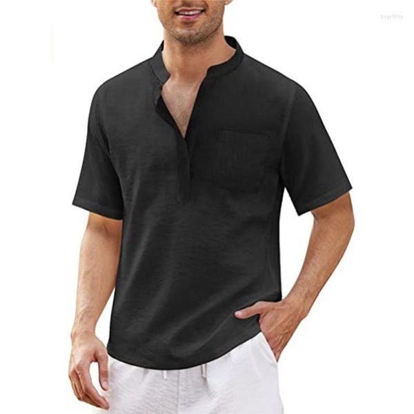 Camisas casuales para hombres 2023 Lino de los hombres Botones de cuello en V T Polo Masculino Color Sólido Mangas cortas Camiseta de algodón Tops Ropa para hombre