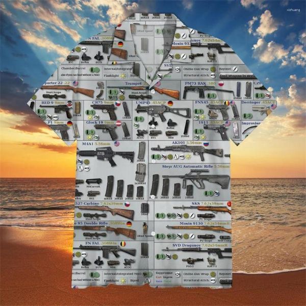 Chemises décontractées pour hommes 2023 Hommes 3D Gun Graphic Vêtements surdimensionnés à manches courtes Tops Streetwear Chemise hawaïenne pour camouflage