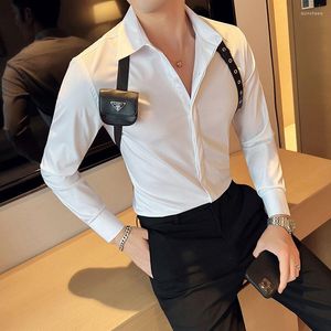 Chemises décontractées pour hommes 2023 chemise à plis pour hommes avec nœud papillon smoking noir blanc élégant pour la fête de mariage Club Slim Fit