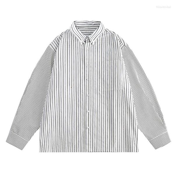 Camisas informales para hombre 2023, camisa Retro a rayas para hombre, ropa informal estilo Hip Hop, abrigos de retales a cuadros de manga larga Harajuku con bolsillo en el pecho de gran tamaño