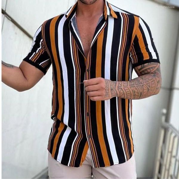 Camisas informales para hombre 2023, camisa para hombre, moda, estampado de rayas, manga corta, verano, cuello vuelto, botón, ropa para hombre