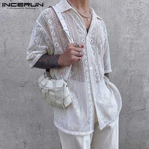 Mannen Casual Shirts 2023 Mannen Shirt Mesh See Through Revers Sexy Korte Mouw Kant Knop Camisas Streetwear Party Nachtclub Mannen Kleding 7 L230721