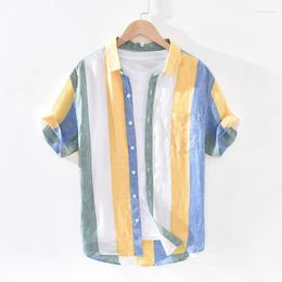 Camisas casuales para hombres 2023 hombres moda de verano estilo japón de color brillante manga corta de color corto lino puro puro macho de alta calidad