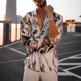 Chemises décontractées pour hommes 2023 Mens Designer Streetwear Fashion Ink Printing Button Up Shirt Regular Fit Revers Hawaiian Long Sleeve