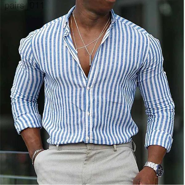 Chemises décontractées masculines 2023 Nouvelles hommes de la mode Chemise Stripe Impression de couleur verte mince ciel bleu bleu extérieur street long manches de conception chic décontractée 240402