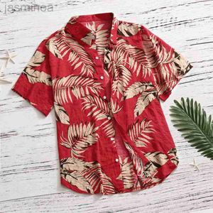 Camisas informales para hombres 2023 nuevas camisas tropicales de hoja roja hawaiiana Floral Men Dazn Tops Summer Casual manga corta Botón Chemise Loose Vacation Beach 2449