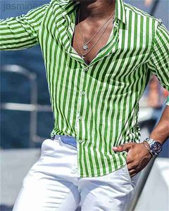 Chemises décontractées masculines 2023 New Mens Mens à manches longues Green Stripe imprimées Social Luxury Mens Wear Hawaii Elegant Classic Fashion Couleur solide 2449