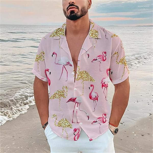 Chemises décontractées pour hommes 2023 grande taille été chemise à manches courtes motif flamant rose plage hawaïenne de haute qualité