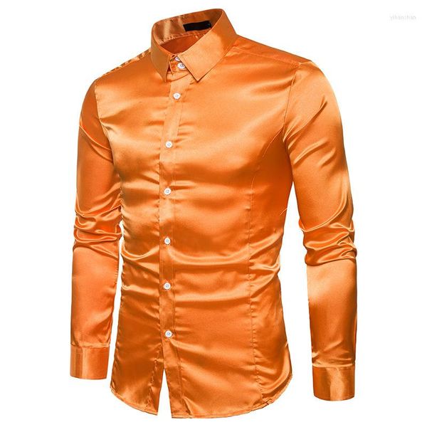 Camisas informales para hombre 2023, camisa de manga larga roja, naranja, azul, blanca, rosa y negra, vestido de moda coreano para hombre, blusa brillante de Color sólido