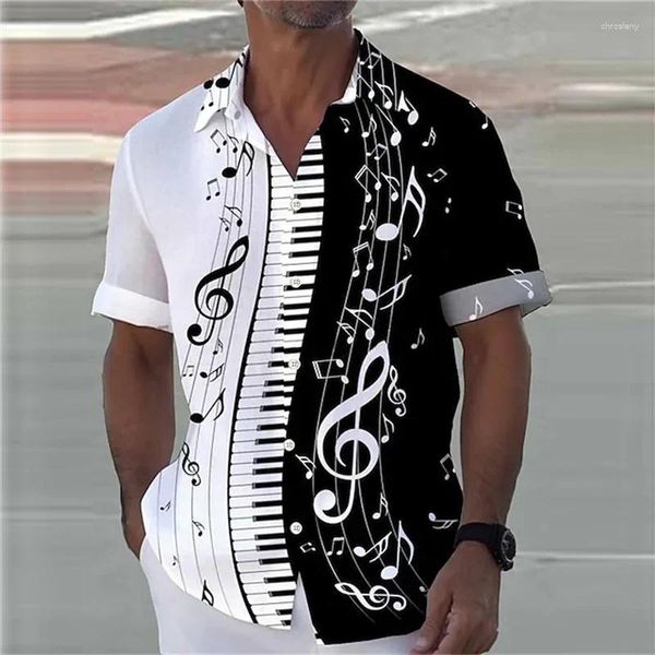 Chemises décontractées pour hommes 2023 Chemise hawaïenne Impression graphique Notes de musique Pano Keys Volume Noir Manches courtes Design de mode