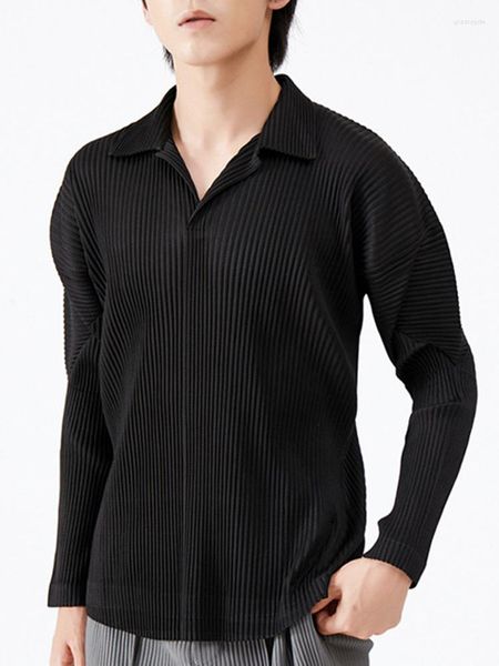 Camisas informales para hombre 2023, camisa para hombre, manga larga, otoño, Color sólido, solapa, temperamento plisado, Tops para hombre 2A5301