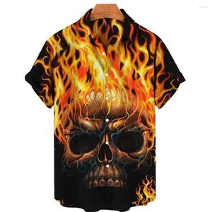 Camisas casuais masculinas 2023 crânio 3d homem havaiano retrô camisa caucal moda fogo gráfico manga curta verão top simples