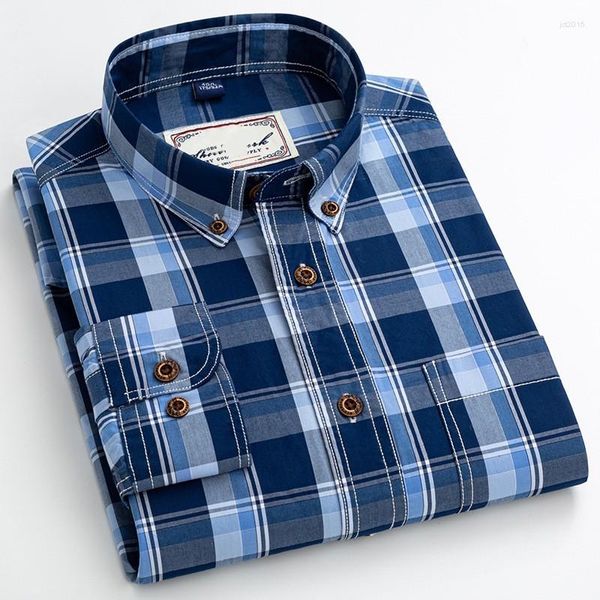 Camisas casuales para hombres 2023 Modelo de primavera y verano Moda Carbon Plague Plaid Camisa larga de algodón de terciopelo