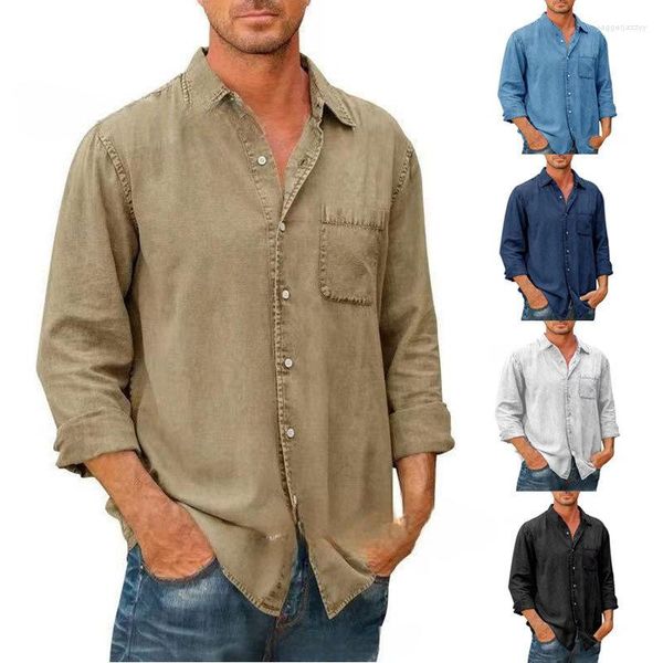 Camisas informales para hombre, primavera otoño 2023, camisa vaquera de manga larga con bolsillo y botones para hombre, camisetas de moda de Color sólido ajustadas para trabajo Retro para hombre