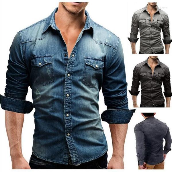 Camisas casuales para hombres 2023 Primavera Doble bolsillo Formal Camisa de solapa de mezclilla de manga larga para hombres