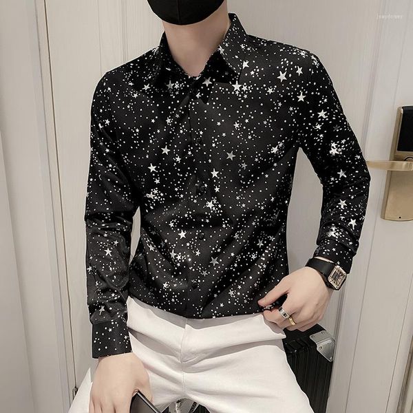 Chemises décontractées pour hommes 2023 Spring Full Stars Silver Chemise imprimée Hommes Designer Social Tuxedo Slim Manches Longues Party Discothèque Vêtements