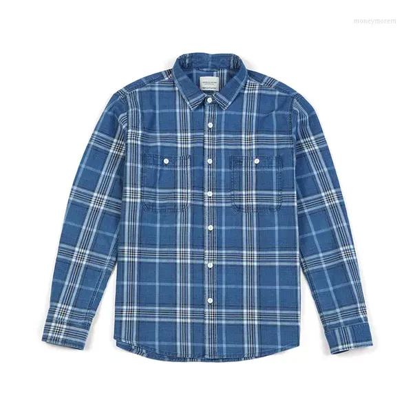 Camisas casuales para hombres 2023 Primavera Indigo Plaid Hombres Algodón Denim Check Shirt Plus Tamaño Ropa de marca SK130060