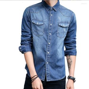 Chemises décontractées pour hommes 2023 printemps chemise en jean doux pour hommes mode à la mode affaires Cowboy à manches longues Double poche hommes Jean Slim Top W489