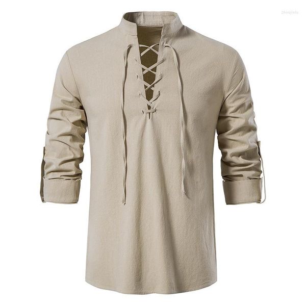 Chemises décontractées pour hommes 2023 printemps hommes chemise à col en v T-Shirt mode Vintage mince à manches longues haut hommes respirant Viking avant à lacets homme