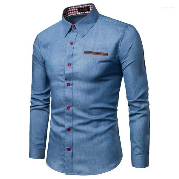 Chemises décontractées pour hommes 2023 Printemps / Été Chemise de commerce extérieur Panneau de poche en cuir à manches longues Denim Wear