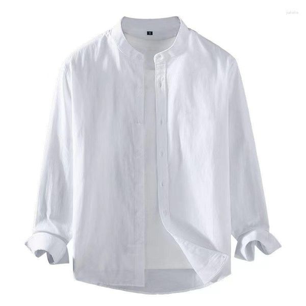 Chemises décontractées pour hommes 2023 printemps été chemise en lin blanc pur col montant à manches longues Henley doux confortable Simple mince mode