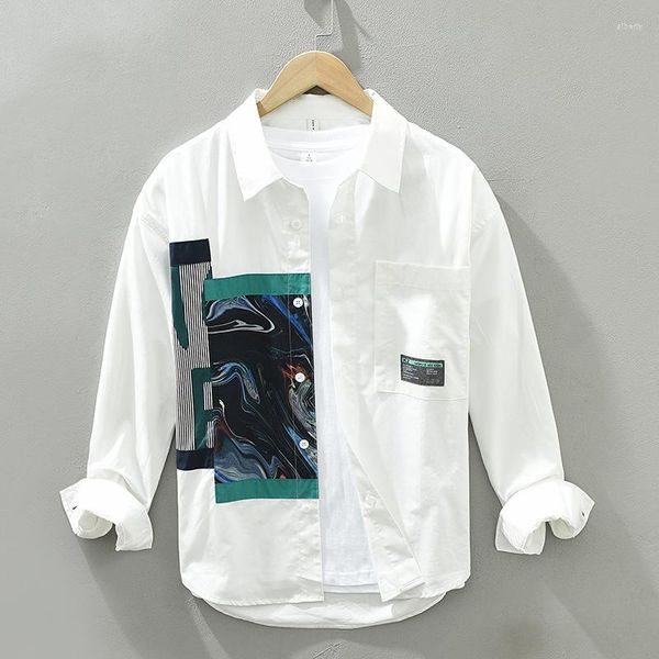 Camisas casuales para hombres 2023 primavera blanco patrón abstracto estampado manga larga moda Patchwork estilo coreano Streetwear suelta Top masculino