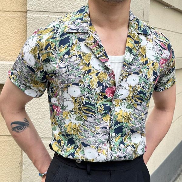 Chemises décontractées pour hommes 2023 Été Art abstrait Fleurs colorées Chemise à manches courtes Hommes Slim Business Haute Qualité Camisa Social Masculina