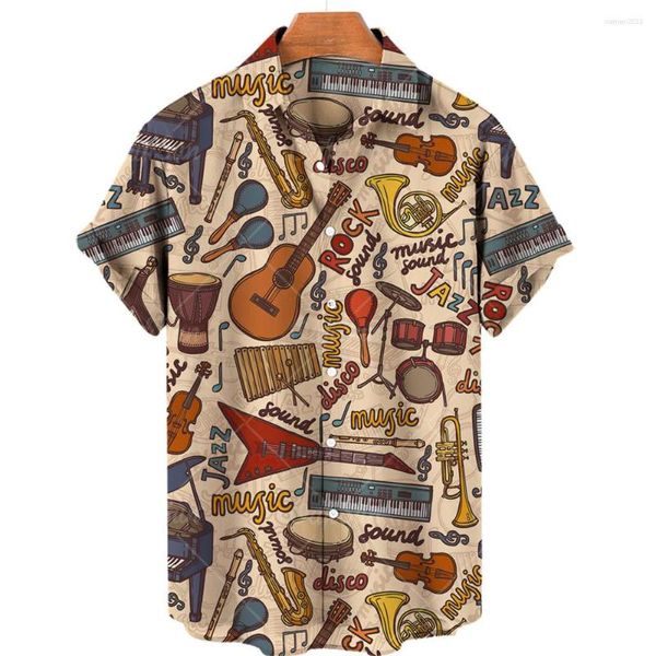 Camisas casuales para hombres 2023 Verano personalizado Camisa impresa 3D Patrón de música de moda Top de gran tamaño Instrumento de guitarra Ropa