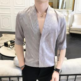 Casual shirts voor heren 2023 Summer Fashion Man v Lead Jacquard Weave Leisure Time Short Sleeve Men Shirt Mens Linnen Slim Fit