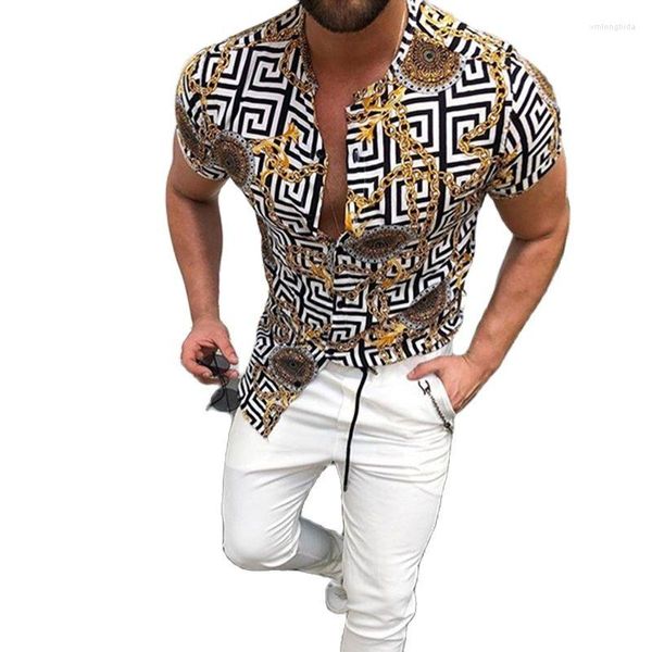 Chemises décontractées pour hommes 2023 mode d'été vêtements pour hommes chemise imprimée mince grille col montant à manches courtes impression de chaîne dorée