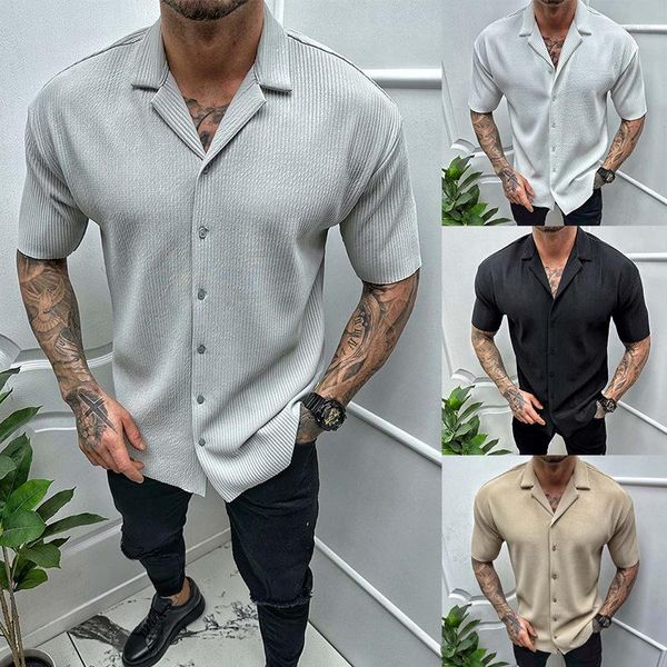 Camisas informales para hombre, moda de verano 2023, camisa de algodón con cuello levantado, cárdigan de tendencia de manga corta de negocios de Color sólido