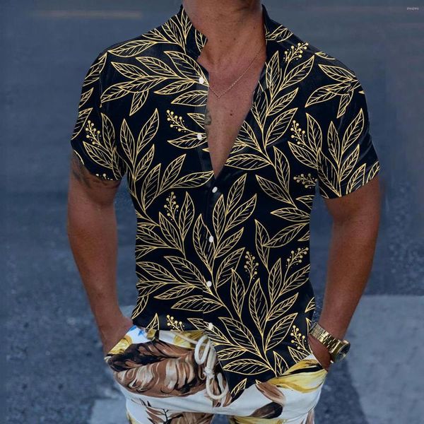 Chemises décontractées pour hommes 2023 Summer Golden Leaves Men Oversized Hawaii Short Sleeve Beach Mens Vintage Ethnic Print Black Shirt Camisa Masculin