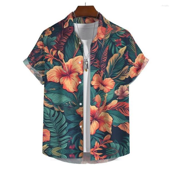 Camisas informales para hombre, verano 2023, playa hawaiana, flores junto al mar, camisa de hojas verdes para hombre, abotonada, manga corta fina, ropa de moda coreana